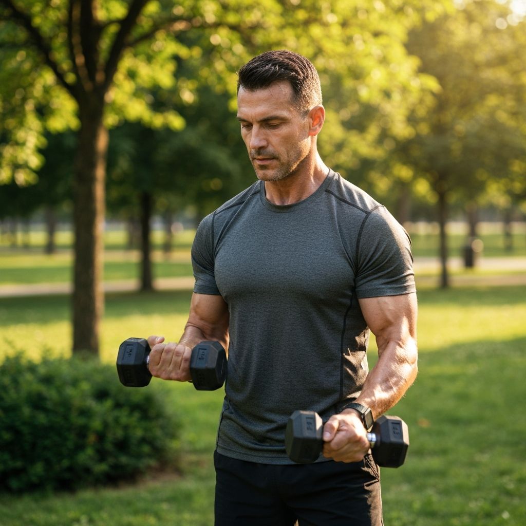 Pria berusia 40+ melakukan latihan kekuatan di alam