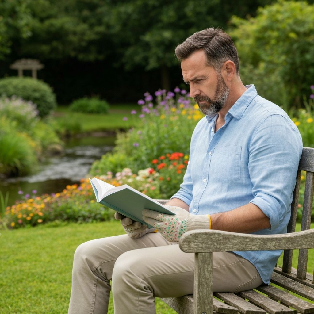 Pria membaca panduan kesehatan di taman